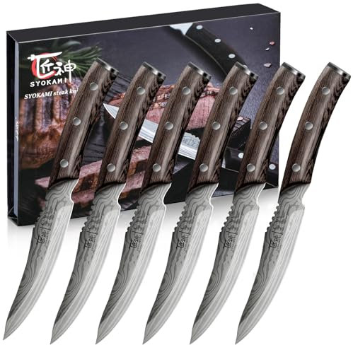 SYOKAMI Steakmesser Set 6 Teilig, 12,2cm Ugezahntes Steakmesser aus japanischem Edelstahl mit hohem Kohlenstoffgehalt und Holzgriff, Damastmuster, Full-Tang-Design, Rasiermesserscharfe Tafel