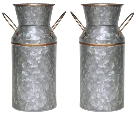 Hosley Set of 2 Galvanized and Gold Milk Can/Jug Farmhouse Décor, Country Metal Flower Rustic Jug for Artificial Flower, Add Vintage Charm to Your Space with Versatile Home Accent Floral Arrangements