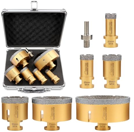 SHDIATOOL Juego de Brocas Diamantadas - 7pcs(20/25/35/50/75/100mm Brocas Diamantadas/Adaptador de Vástago Exagonal) para Porcelanato Cerámica Granito Mármol