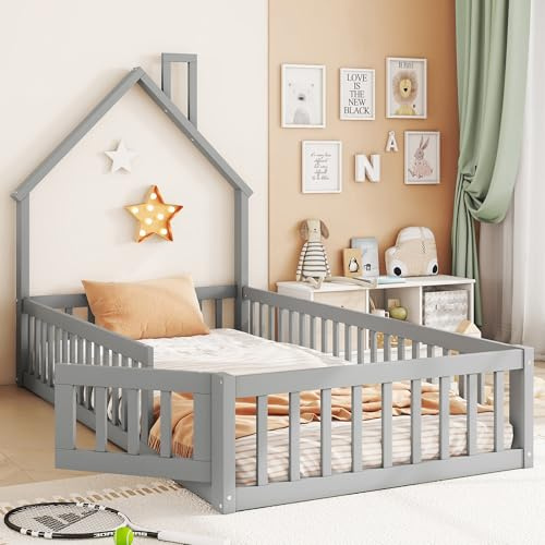 MQLAE Bodenbett 90x200 mit Rausfallschutz, Kleinkindbetten Kinderbett 90x200 mit Tür für Jungen & Mädchen, Kinder Bett aus Kiefer für Kinderzimmer, Hausbett, Bett in Grau, Ohne Matratze