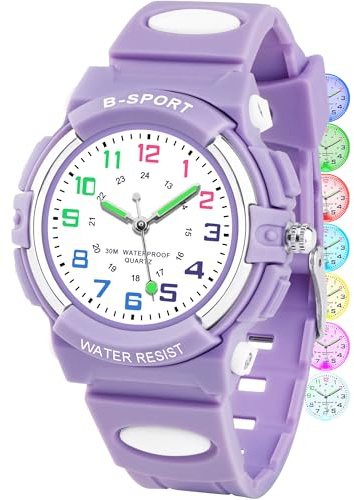 DTKID Kids Watch for Boys Girls,30M Waterproof Kids Analog Watches with 7 Colorful Lights, Soft Rubber Band, Easy to Read Dial Childrens Wristwatch 5-18 Years Old, 002-Lavender Purple, sport