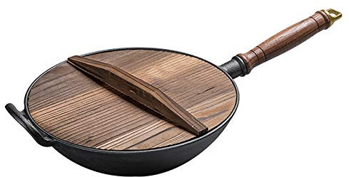 CHFYIJYHM Sartén Wok Pesada De 16 Inducción, Wok De Hierro Wok Grande Hecho A Mano Y Mango De Madera Utensilios De Cocina Wok Antiadherentes