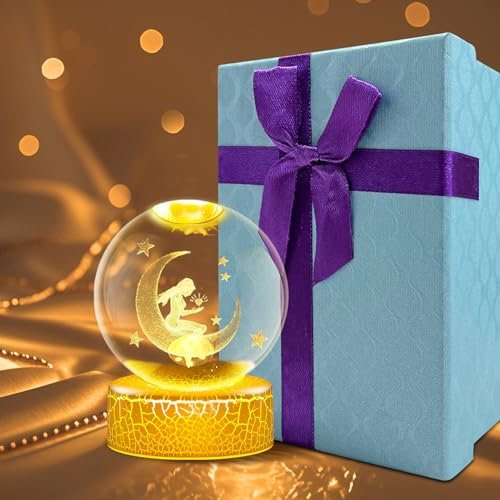 FUFRE 3D Kristallkugel Nachtlicht 6cm LED Glaskugel Lampe USB 3D Katze Lichter Deko Led Nachtlicht Kinder mit Holzsockel Engel Glaskugel mit Licht, ideal Geschenk für Mutter, Kinder, Freundin (L)
