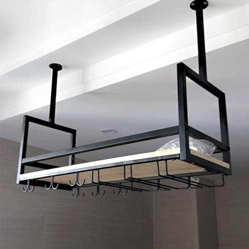 Portabottiglie Vino A Sospese Soffitto - Mensola A Soffitto, Portabottiglie Sospeso Multifunzionale A Soffitto, Portabicchieri Da Vino In Legno Massello In Ferro Battuto, Espositore Da Cucina(120*30*6