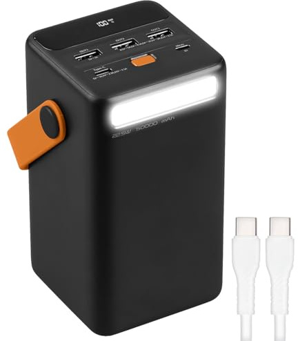 revolt Powerbank Supercharge: Powerbank 50.000 mAh, USB-C PD bis 65 W, 3X USB-A, Super Charge, LED (MacBook, mit Schnellladefunktion, Games)
