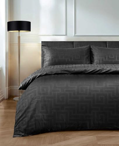 Velosso Sateen Touch Classic Scroll Duvet Cover and Pillowcase Set Soft Feel Hotel Quality Bedding Set Easycare (Black, Double)