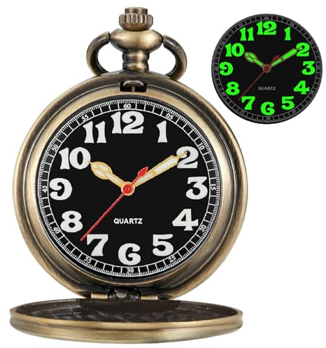Tiong Bronze Smooth Covered Quartz Men's Pocket Watch,Luminous Arabic Numerals Black Dial Pocket Watch with Chain