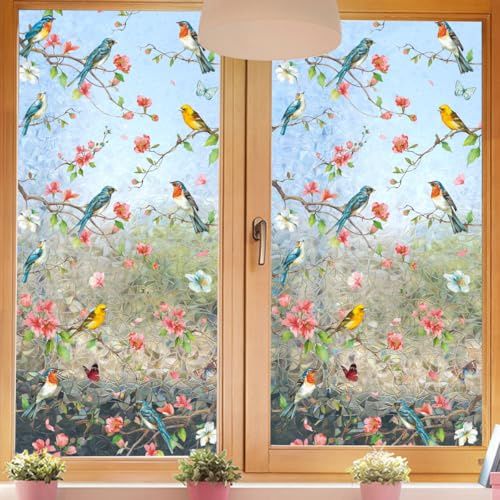 Runtoo Sichtschutzfolie für Fenster, Regenbogen-Blumen und Vögel, Fensteraufkleber, 3D-Dekoratives Vinyl, Buntglas, Blumenzweig-Aufkleber, statischer Aufkleber, nicht klebend, 40 x 101,6 cm