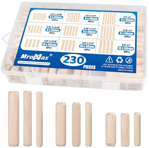 230Pcs Wood Dowels Kit in 9 Sizes, 1/4, 5/16, 3/8 Fluted Wooden Dowel Pins Pegs Assortment Kit, Twill Grooved Hard Wood Crafts Dowel Pegs Pin for Crafts, Furniture, DIY Manual and Carpentry