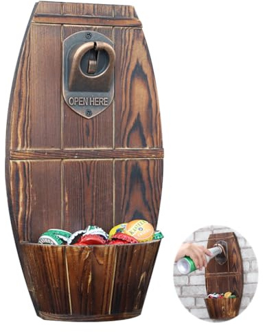 Abrebotellas de pared de madera con recipiente colector – barril de cerveza montado en la pared de madera abridor de botellas de cerveza abridor de cerveza pared con tapón colector de botellas