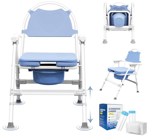 4 in 1 Folding Bedside Commode Chair for Seniors & Disabled - Adjustable Height Adults Potty Chair with Arms, Back & 30 PCS Cleaning Bag for Pregnant Women & Post-Surgery - Supports 360 lbs(ABS Seat)