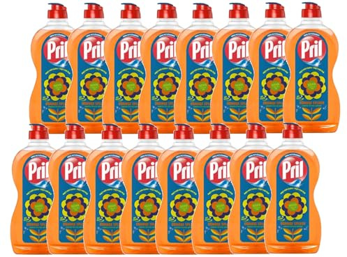 Pril Kraft Gel Orange Splash (16 x 450ml), Handgeschirrspülmittel mit hoher Fettlösekraft, für sauberes Geschirr auch in kaltem Wasser, frischer Orangenduft, Sticker Edition