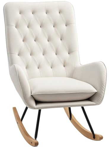 Mounteps Schaukelstuhl Relaxstuhl Schwingsessel mit Holzbeine Schaukelsessel Relaxsessel für Wohnzimmer, Schlafzimmer, Leinen Metall Cremeweiß 69 x 90 x 100 cm