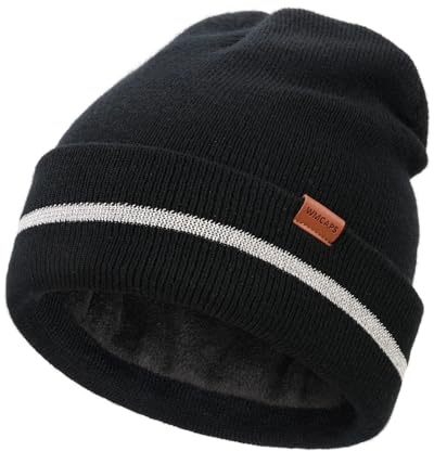 Wmcaps Herren-Beanie-Mütze mit dickem, warmem Fleecefutter, reflektierende Streifen, Wintermütze, Sicherheit, hohe Sichtbarkeit, dehnbar, weiche Bündchen, Wollmütze, Damen, Outdoor-Arbeit, Geschenke