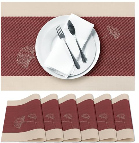 Terafeels 6er-Set Platzsets abwaschbar – Tischsets abwaschbar, Terafeels Platzdeckchen hitzebeständig, rutschfest Teller Untersetzer für Esstisch (Rot)