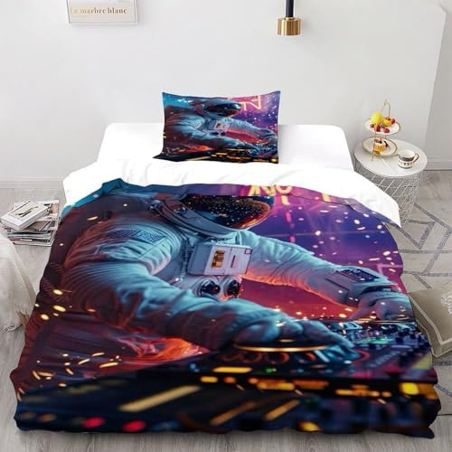 DOXLITVT Astronautaaa DJ Set Di Biancheria Da Letto Per 2 Pezzi Con Stampa 3D Temi cielo stellato Copripiumino Con 1 Federe in Microfibra Morbida E Leggera Single（135x200cm）