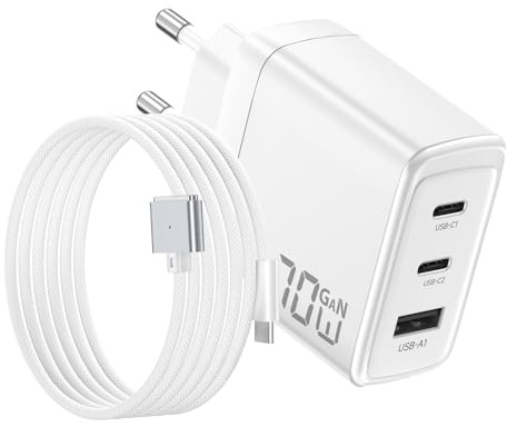 HYDOOD USB C Ladegerät 70W für MacBook,3Port GANII USB C Netzteil White | MacBook Ladegerät Schnellladegerät USB C Mit Magnetisches 3 Kabel für Mac Book Pro M1/M2,Air M2,M3/M3Pro/M3 Max 2024 M4 2025