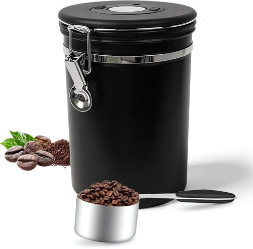 Zolirao 1.8L Airtight Coffee Canister with Scoop, Stainless Steel, Black | Air valve and lid date tracker help manage freshness; stores coffee beans, ground coffee, tea, sugar and other dry foods.