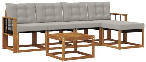 HETFTJN Juego de muebles de jardín de madera de acacia maciza, juego de sofá para exteriores con tejido textileno y tapicería, conjunto de asientos modulares para jardín, terraza y balcón, natural y