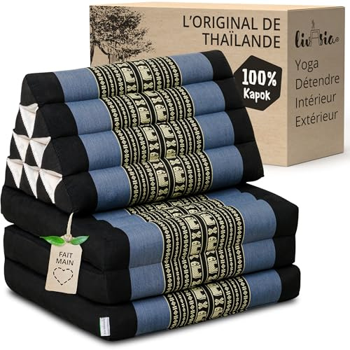livasia Coussin thaï à 3 Blocs - 175x50x8cm - Triangle avec Matelas Pliable, Biseau kapok, Coussin de Soutien Dorsal Pliables, Tapis thaï Pliable, Fait Main (Bleu/Éléphants)