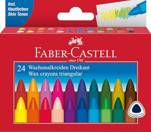 FABER-CASTELL 120024 - Pastelli a cera triangolari, 24 pastelli a cera per bambini e adulti