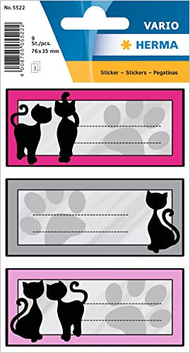 HERMA 5522 Buchetiketten zum Beschriften, Schwarze Katzen (76 x 35 mm, 9 Namensaufkleber, Papier, matt) selbstklebend, permanent haftende Schuletiketten für Bücher, Hefte, Boxen, Haushalt, bunt