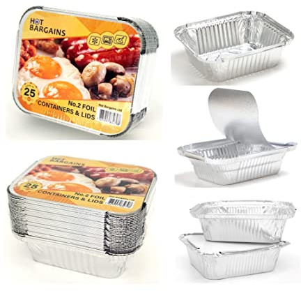 HOT BARGAINS Aluminium Foil Containers Size 2 with Lids, Pack of 100, 144 x 119 x 49mm