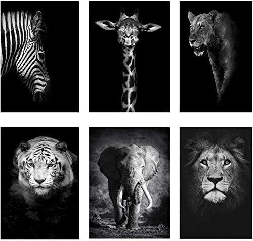 Black and White Posters Wall Art,Animals Canvas Picture Prints Modern Aesthetic Posters,Lion,Elephant,Zebra,Giraffe Wall Decoratio 21 x 30cm Unframed Set of 6 Prints For Living Room
