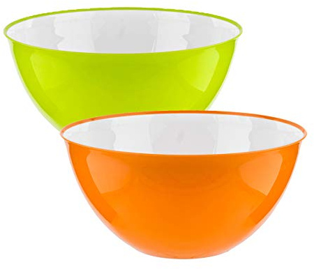 HOMESHOPA Large Salad Bowl Set of 2 Green & Orange 25cm, Unbreakable & Lightweight Reusable Plastic Serving Bowls, Microwave, Dishwasher & Freezer Safe, BPA Free Kitchen Tableware Big Mixing Bowls