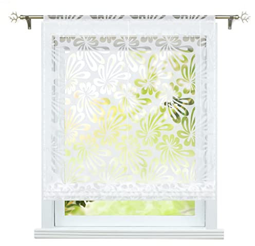 ESLIR Raffrollo Ausbrenner Küche Gardinen Raffgardine mit Tunnelzug Bändchenrollo Modern Gardinen Transparent Weiß BxH 100x155cm 1 Stück