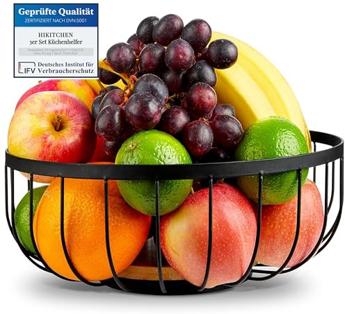 HIKITCHEN® Frutero – Cuenco decorativo de metal y bambú – Frutero para cocina y hogar – Cesta para panecillos (negro)