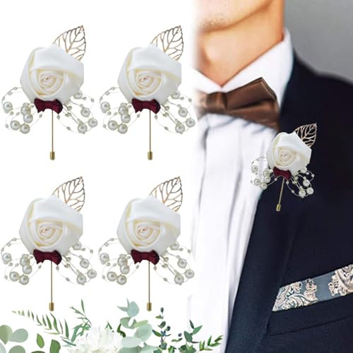 Brateuanoii 4 Stück Bräutigam Boutonniere, Handgefertigte Boutonniere, Boutonniere Hochzeit Weiß Rose, Anstecknadel Boutonniere, Für Die Braut, Der Bräutigam, Das Blumenmädchen, Die Anwesenden Gäste