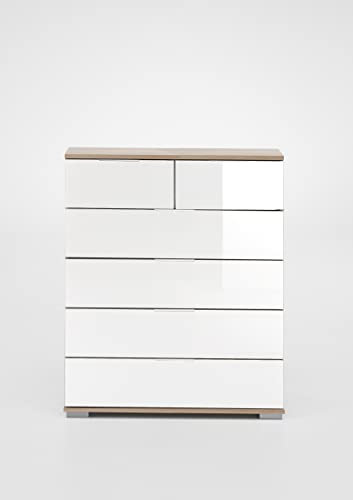 möbelando Schubkastenkommode Easy Plus Kommoden in Eiche-Sägerau mit 6 Schubladen und Absetzungen in Glas Weiss. Abmessungen (BxHxT) 82x102x42 cm