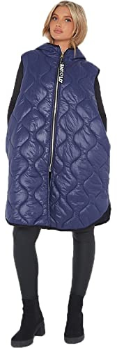 Crazy Fashion Love Navy Blue Women's Puffer Sleeveless Love Zip Gilet Jacket Longline Hooded Quilted Zip Up Vest Waistcoat Winter Wear Bodywarmer Long Coat For Ladies Plus Size UK 12-18