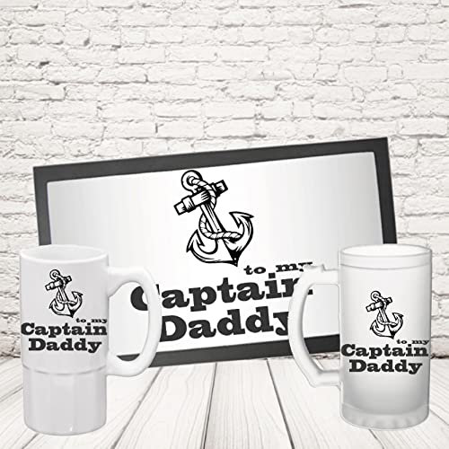 Kit Barman COPPIA TAPPETINO per BANCONE da BAR PIÙ BOCCALE ” CAPTAIN DADDY “ Bicchiere BIRRA IN CERAMICA O VETRO SATINATO PERSONALIZZABILE idea regalo per Papà