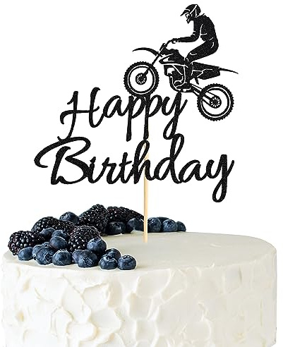 Arthsdite 1 x Motorrad-Happy Birthday-Kuchenaufsatz, schwarzer Blitz-Kuchenspieß, Dirt-Bike-Geburtstagsparty-Kuchendekoration, Motocross-Sport-Thema-Kuchenaufsatz
