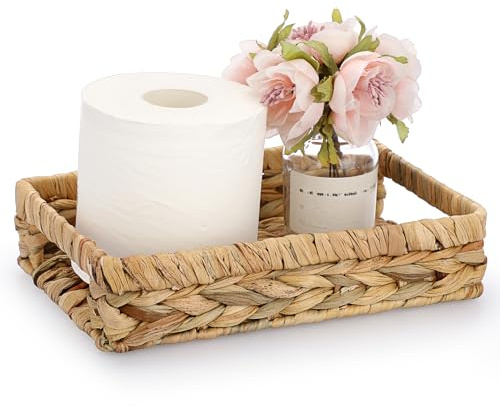 Sumnacon Bathroom Tray for Counter 9.8 Inch Water Hyacinth Bathroom Trays Over Toilet, Wicker Toilet Tank Organizer Decorative Countertop Trays for Toilet Vanity Kitchen Shelf Dining Table Desk