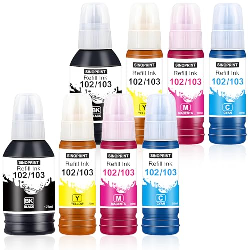 SINOPRINT 8 Pack Tinte 102 Kompatibel für 102 103 Multipack Refill Kompatibel für ET-2820 ET-2710 ET-2720 ET-2815 ET-2810 ET-2826 ET-1810 ET‑2711 ET-2712 ET-2715 ET-2714 ET-2721 ET-2726 ET-4800