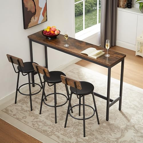 Tmsan 63 L Bar Table and Chairs Set for 3, 4 Piece Long Rectangle Pub Bistro Dining Table Set with 3 PU Upholstered Bar Stools, Counter Height for Kitchen Restaurant