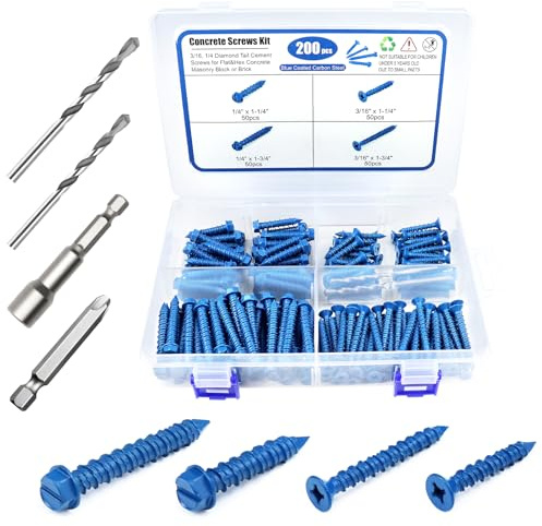200PCS Concrete Screws Assortment Kit, 1/4 3/16 Masonry Screws with Drill Bit and Driver Bit, 4 Size Flat & Hex Head Cement Screws and Anchors, Diamond Point, Self Tapping Concrete Brick, Blue Coated