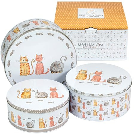 SPOTTED DOG GIFT COMPANY Set di 3 Scatole di Latta, Contenitori Impilabili per Biscotti in Metallo, Barattoli di Latta Rotondi Ermetici per Conservare Torte e Alimenti, Piccoli Medi Grandi - Gatti