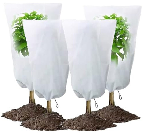 4 Packs Winter Drawstring Plant Frost Protection Warm Cover Bags, Garden Frost Cloth Blanket Protecting Fruit Tree Potted Plants from Freezing Animals Eating for Tree Outdoor Cold Weather (60x80cm)