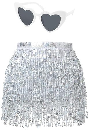 Damen Pailletten Rock Quaste Glitzerrock Hüft Pailettenrock Rave Röcke Gläser Set Fransenrock für Tanz Club Halloween Kostüm (DE/NL/SE/PL, Alphanumerisch, Einheitsgröße, Regular, Regular, Weiß)
