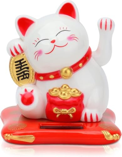Hominas Winkekatze, Begrüßungskatze Solarbetriebene Fortune Katze mit Winkendem Arm Feng Shui Dekoration für Auto Dekor, Zuhause, Büro, Geschäft, Weiß