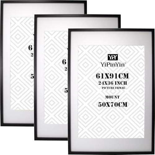 61x91cm(24x36inch) Black Boxed Photo Frame 3Pack with Acid Free Mount for 50x70cm,90x60cm Large Black Poster Frame with Metal Bracket for Security, 50x70cm frams for Wall Hanging