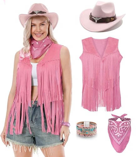 Dzorim Cowgirl Kostüm Damen Western Cowgirl Costume Hut Cowboy Outfits Damen Mädchen mit Hat Scarf Wristband für Karneval