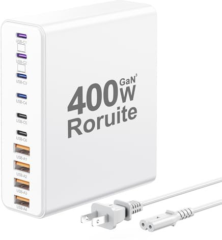 Estación de carga de 400 W para múltiples dispositivos, bloque de carga USB C de 10 puertos, cargador rápido dual de 65 W para laptop, estación de carga USB multipuerto para MacBook, iPhone, Samsung,