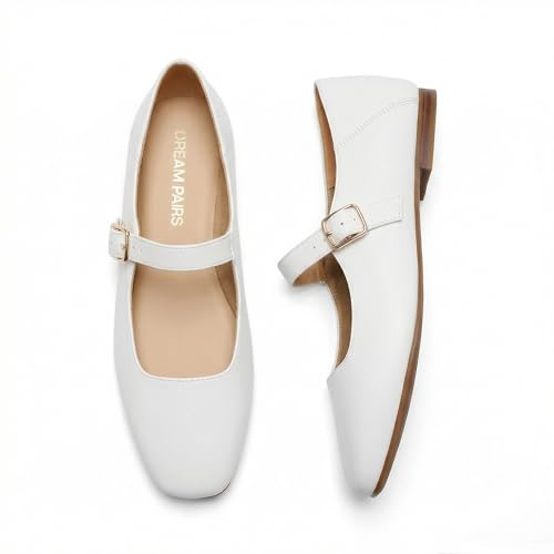 DREAM PAIRS Women's Flats Square Toe Mary Jane Flats Comfortable Casual Slip On Dress Shoes Ballet Flats with Buckle Strap Business Casual Work Office Mary Jane Shoes,Size 8,White,DWUMFA2520