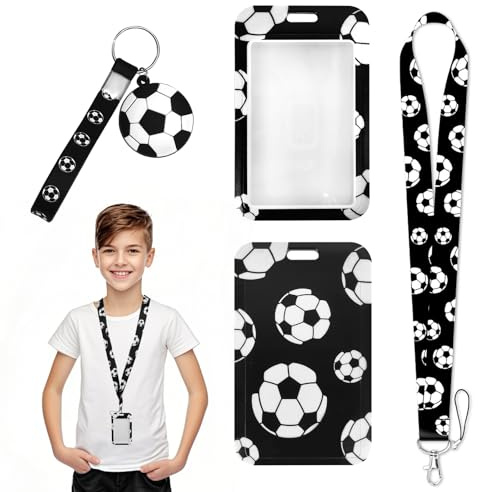 Ausweishülle mit Band, Weiches Fußball-Muster-schwarzes Lanyard Bequeme Id-Kartenhalter für Bus-Schule-Kreuzfahrtschiff, mit einem Schwarzen Fußball-Schlüsselanhänger