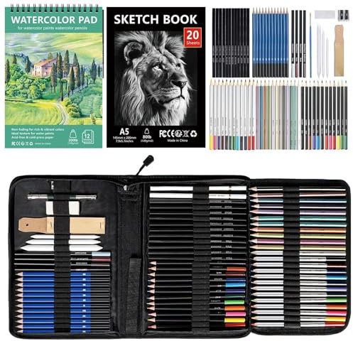 KIMIGO Juego de suministros de arte de 76 piezas, Lápices de Dibujo,Kit Dibujo,Lápices de Colores Profesionales,Bosquejo Material Set,Juego de Lápices de Colorear de Artista,Juego de Dibujo